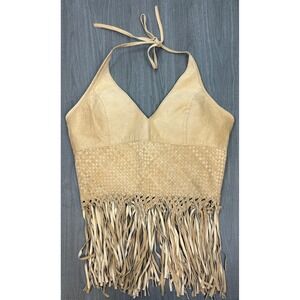 Y2K Bebe Genuine Leather Halter Top Medium Fringe Woven Boho Festival Coachella